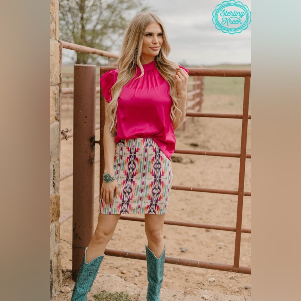 Tribal Print Mini Skirt in Pink & Teal - Picture 2 of 2